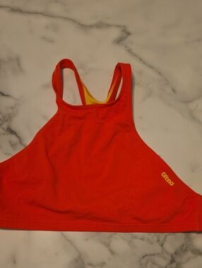 Arena Women's Red High-Neck One-Piece Swim Top with Yellow Logo